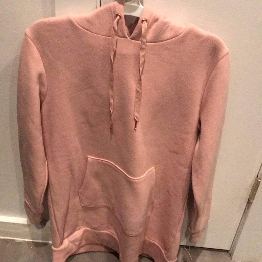 Pink sweater dress, with a hoodie.